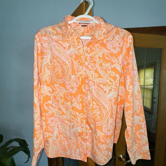 Chaps Women's Shirt Size XL Neon Orange Paisley 100% Cotton Long Sleeve Classic - Picture 1 of 10